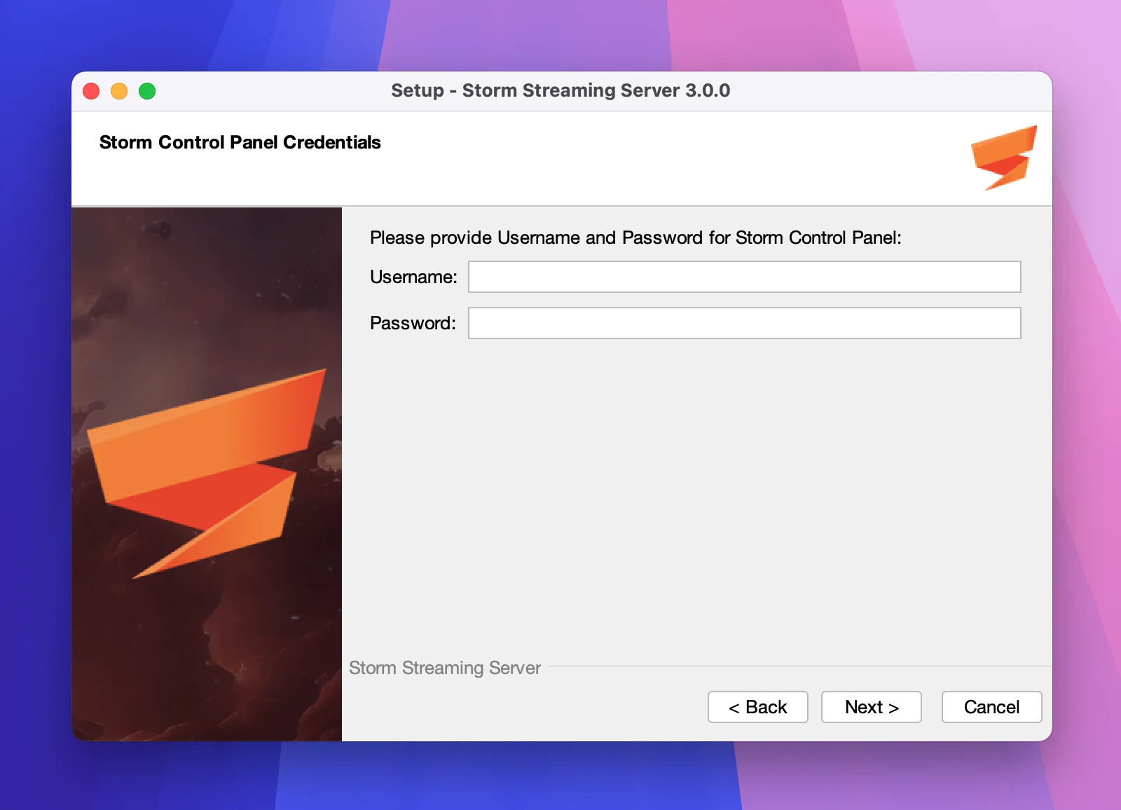 Provide Username and Password for Storm Control Panel