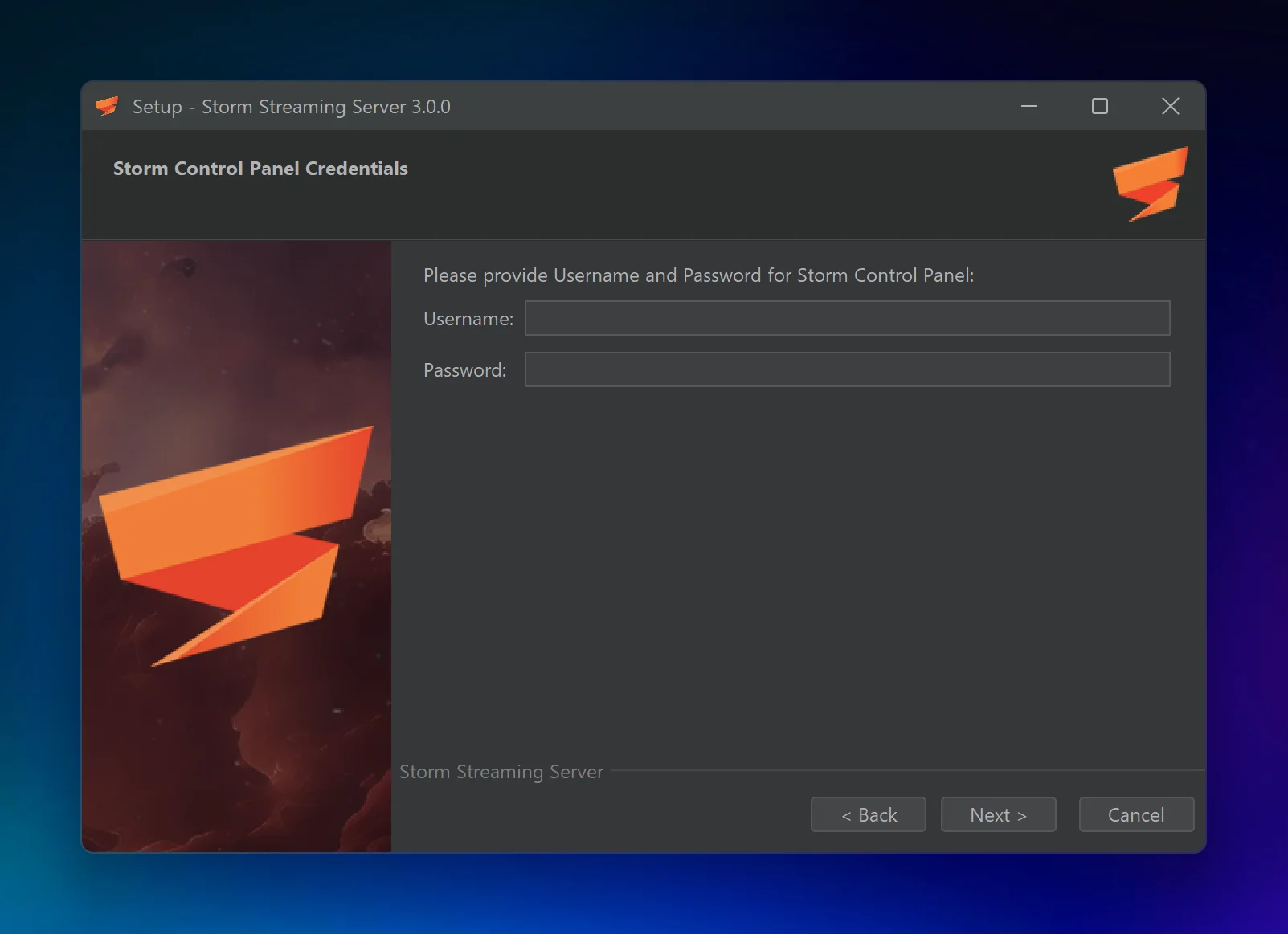 Provide Username and Password for Storm Control Panel