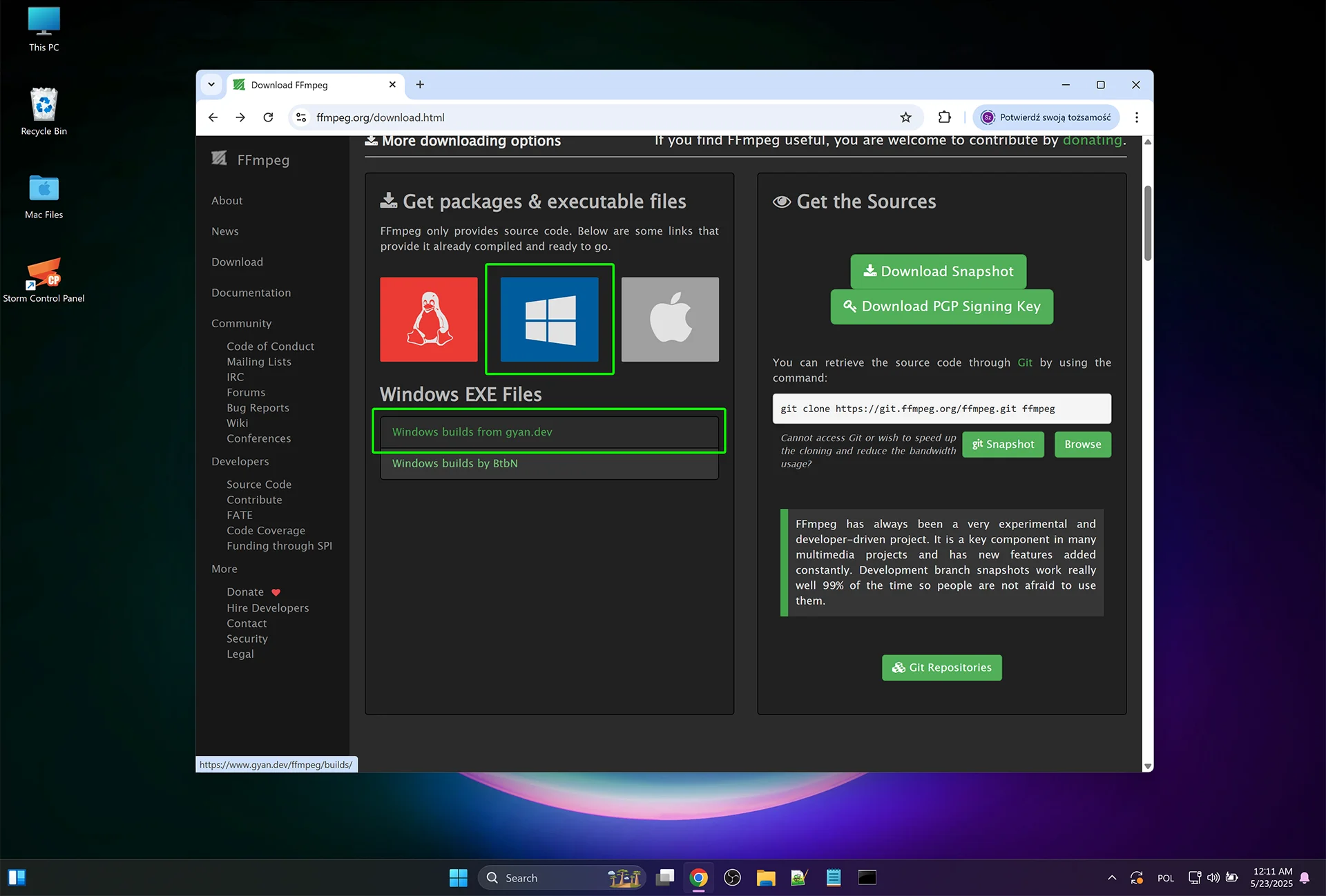 Click on the Windows link and choose gyan.dev