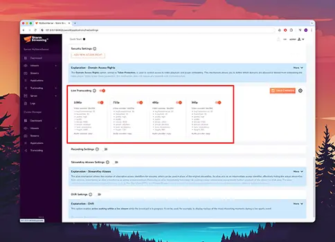 Live transcoding settings