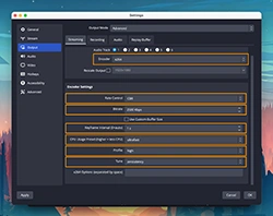 Choose encoder (The recommended choice here is x264 or if you have an NVIDIA graphics card, you can try selecting the NVENC option) and encoder settings.