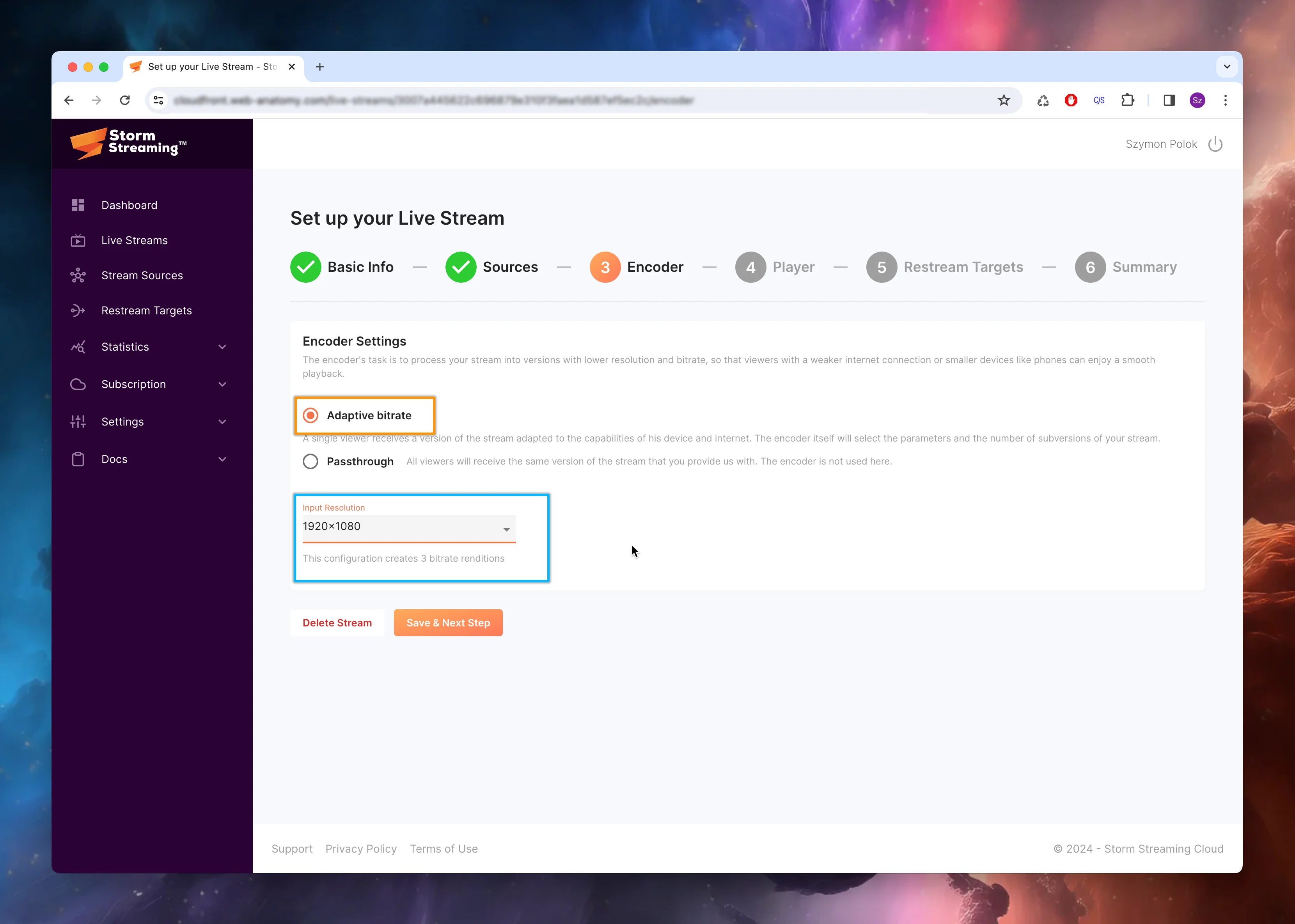 Check Adaptive Bitrate, and then select the appropriate resolution.