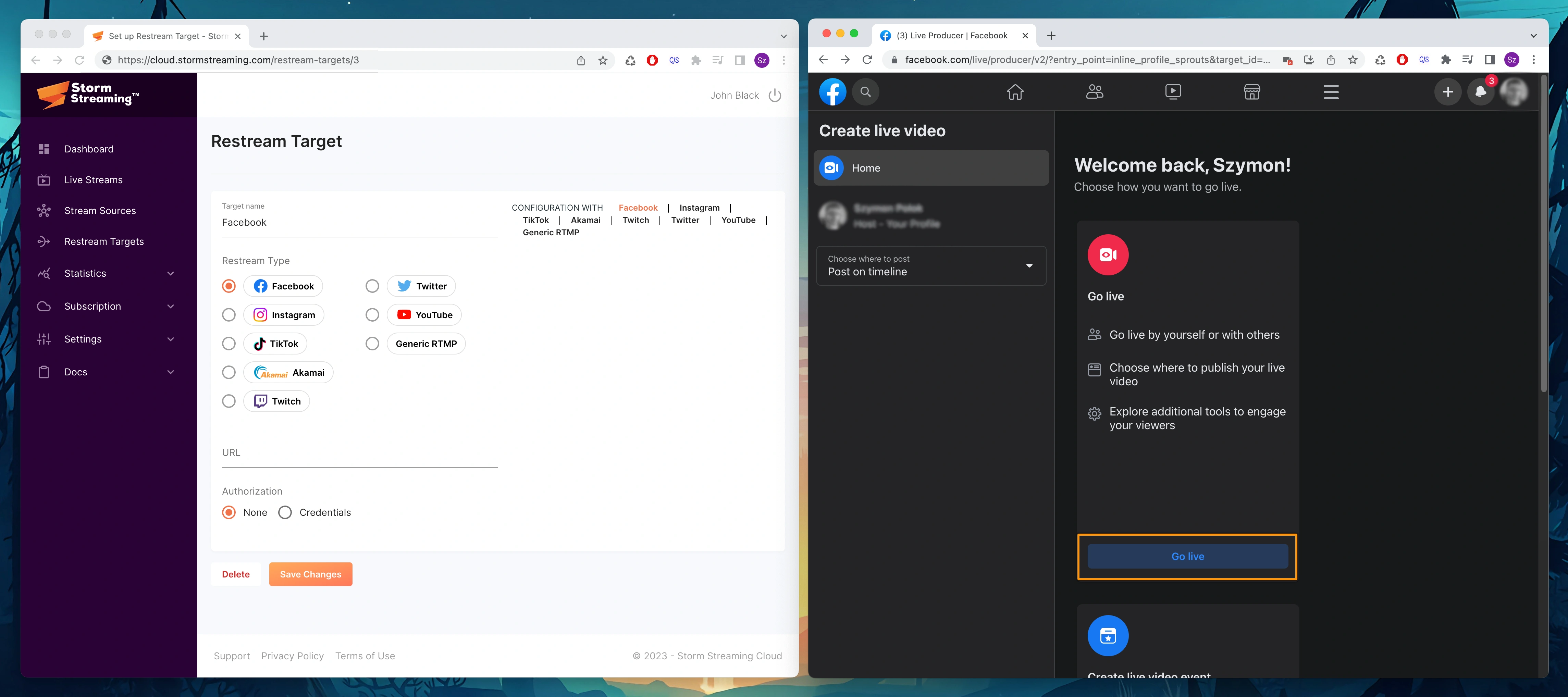 Choose the Go live option.