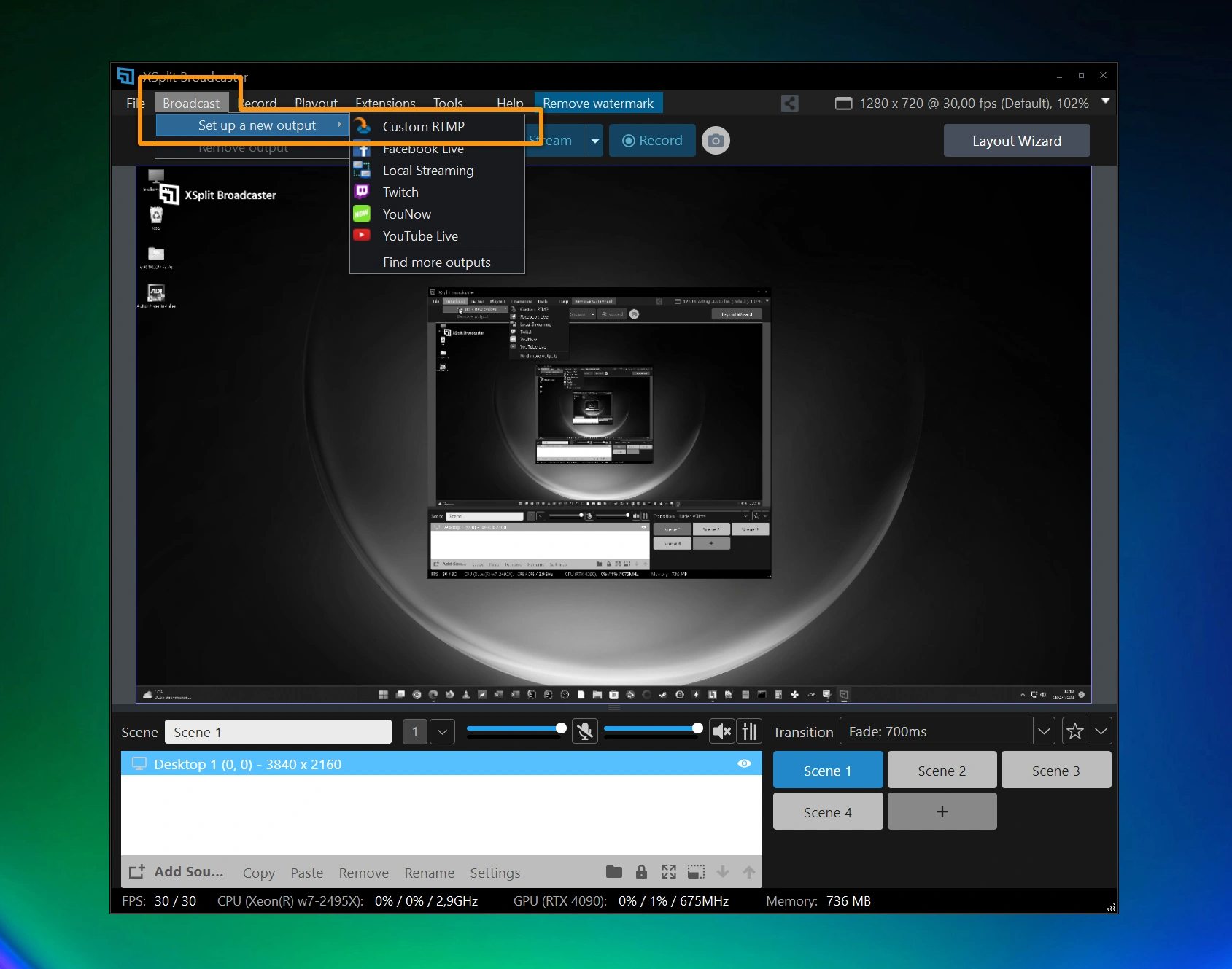 Select Broadcast from the top menu, then choose Set up a new output, and then Custom RTMP.