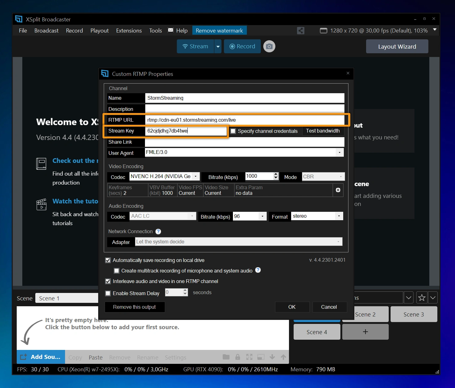 Enter Name, RTMP URL and Stream Key.