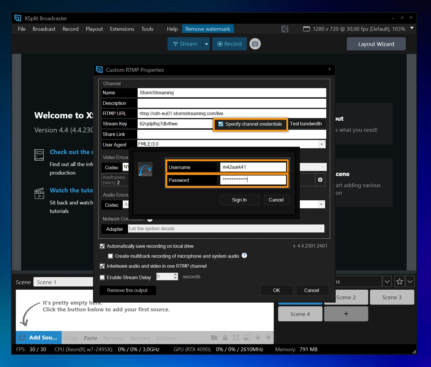 If you have enabled authentication for your streams in Storm Streaming Server, you will also need to provide your Username and Password.