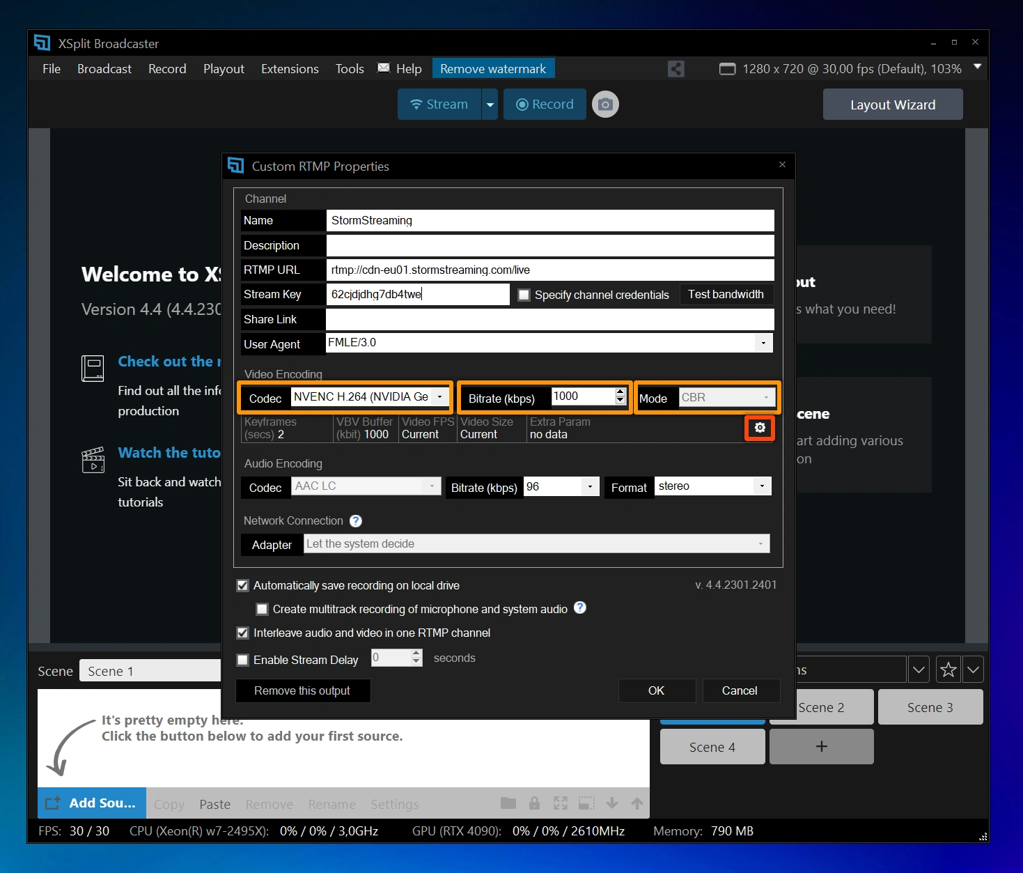 Choose Codec (x264 or NVENC), Bitrate and mode.